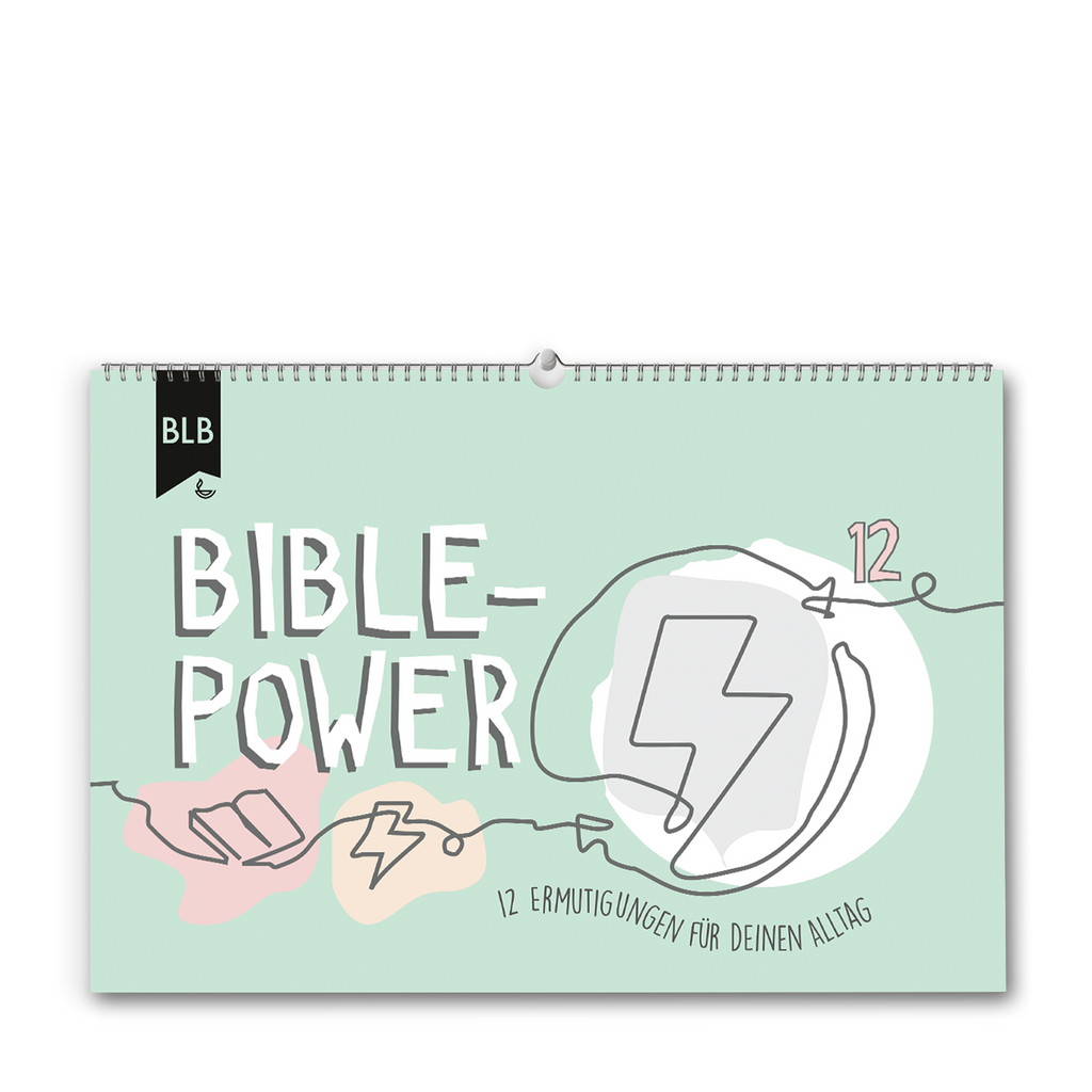 Bible-Power Kalender mit 12 Ermutigungen für den Alltag, mintgrünes Design mit Bibel- und Blitzsymbolen