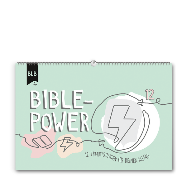 Bible-Power Kalender mit 12 Ermutigungen für den Alltag, mintgrünes Design mit Bibel- und Blitzsymbolen