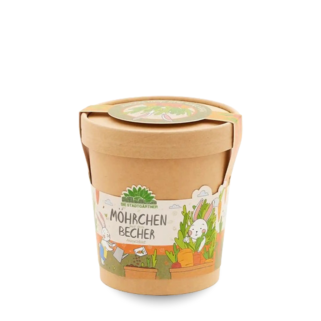 Pappbecher braun, Banderole mit Hasen, Möhren, Blumentopf, Saatgut, bunt, Hase gießt Blumen