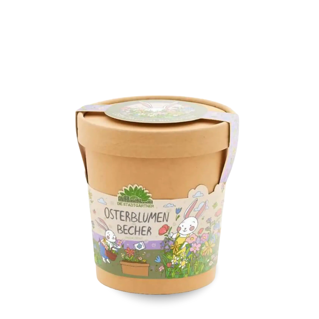 Pappbecher braun, Banderole mit Hasen, Blumen, Blumentopf, Saatgut, bunt