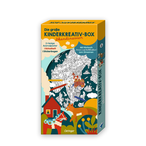 Die Kinderkreativ-Box enthält auf der Verpackung ein Ausmalbild von Norwegen und Schweden, Buntstifte. Abstrakte Bilder von einem Haus Fuchs, Pferd und Pflanzen sind auch dargestellt.
