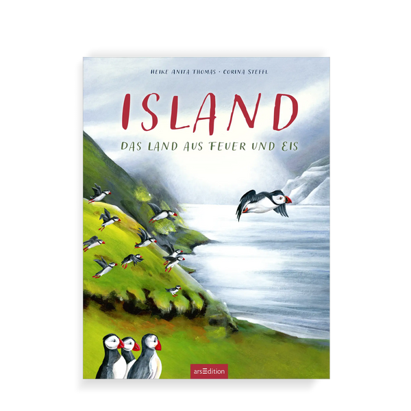 Das Buchcover zeigt mehrere Pinguine auf einer Wiese und fliegend durch die Luft. Im Hintergrund ist die isländische Landschaft mit Gletschern, Bergen, Wasser.