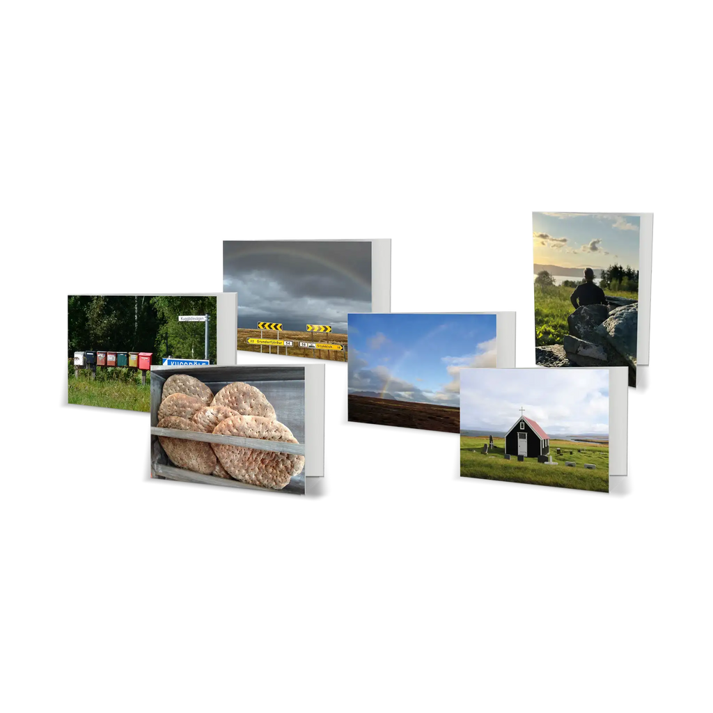 6 Klappkarten, Motive aus Diaspora, Landschaftsbilder, Feld mit Himmel und Regenbogen, Kloster auf großer Wiese, bewölkter Himmel mit Straßenschildern, Brote in Korb, Fischer vor Boot am See