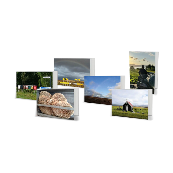 6 Klappkarten, Motive aus Diaspora, Landschaftsbilder, Feld mit Himmel und Regenbogen, Kloster auf großer Wiese, bewölkter Himmel mit Straßenschildern, Brote in Korb, Fischer vor Boot am See
