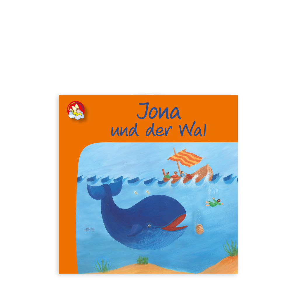 Buchcover von Minibuch Jona und der Wal mit orangenen Hintergrund und einer Skizze von einem Wal im Meer