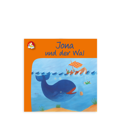 Buchcover von Minibuch Jona und der Wal mit orangenen Hintergrund und einer Skizze von einem Wal im Meer