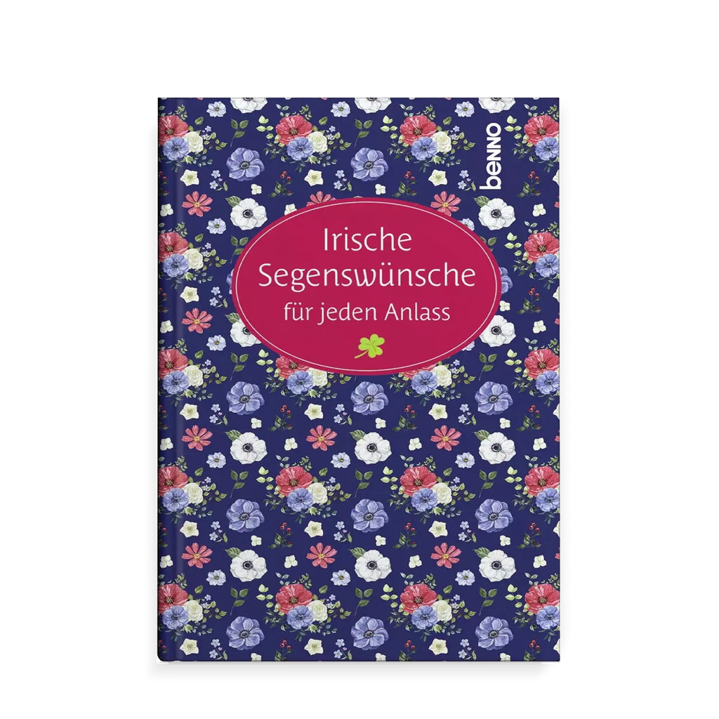 Buchcover mit blauem Hintergrund, Blumen in lila, rot, weiß, Kleeblatt