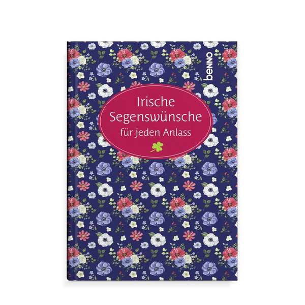 Buchcover mit blauem Hintergrund, Blumen in lila, rot, weiß, Kleeblatt