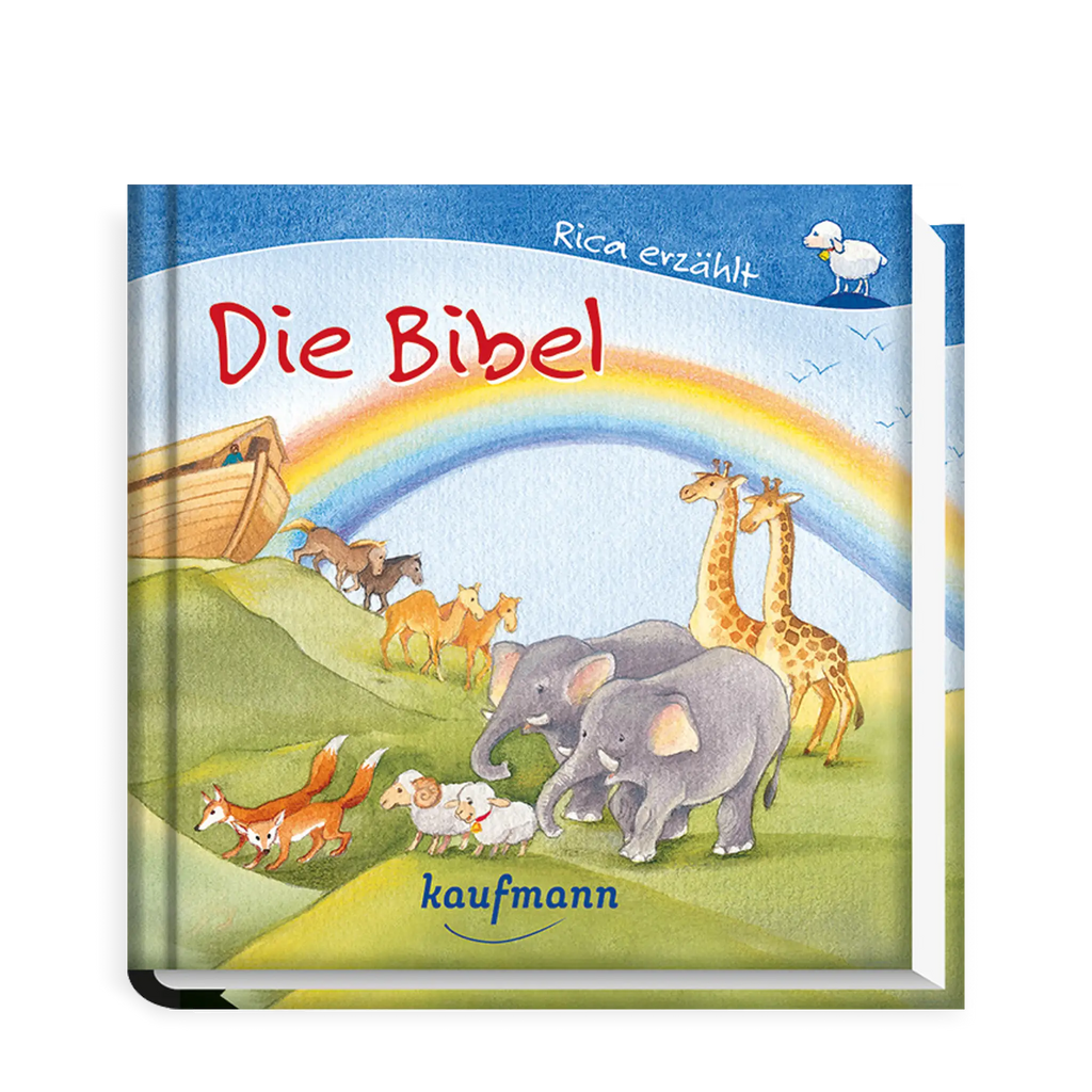 Arche Noah, Tiere der Bibel, Elefanten, Giraffen, Füchse, Schafe, Kamele, Pferde, Vögel, Noah auf Schiff, Regenbogen und Himmel im Hintergrund, im Vordergrund grünes Gelände