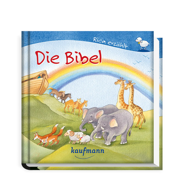 Arche Noah, Tiere der Bibel, Elefanten, Giraffen, Füchse, Schafe, Kamele, Pferde, Vögel, Noah auf Schiff, Regenbogen und Himmel im Hintergrund, im Vordergrund grünes Gelände