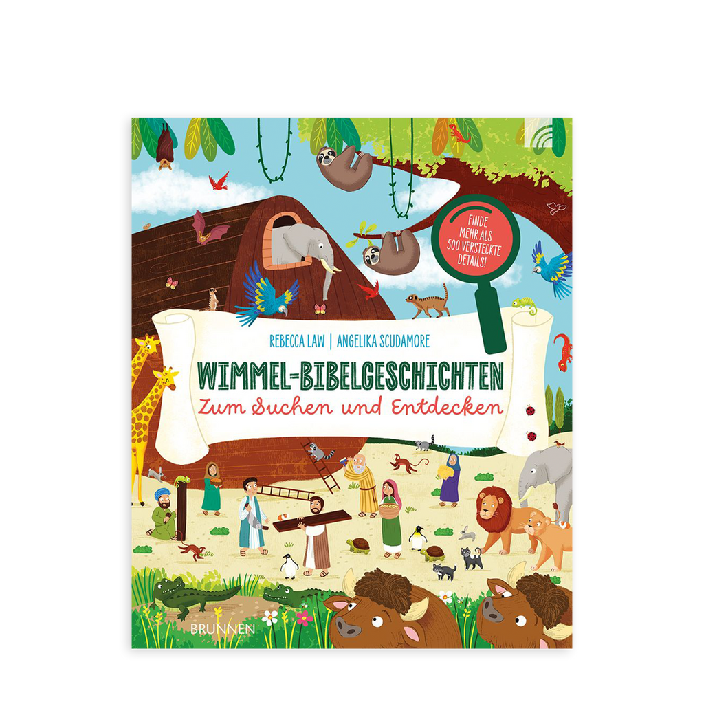 Buchcover von "Wimmel-Bibelgeschichten" zum Suchen und Entdecken mit Illustrationen der Arche Noah und vielen Tieren