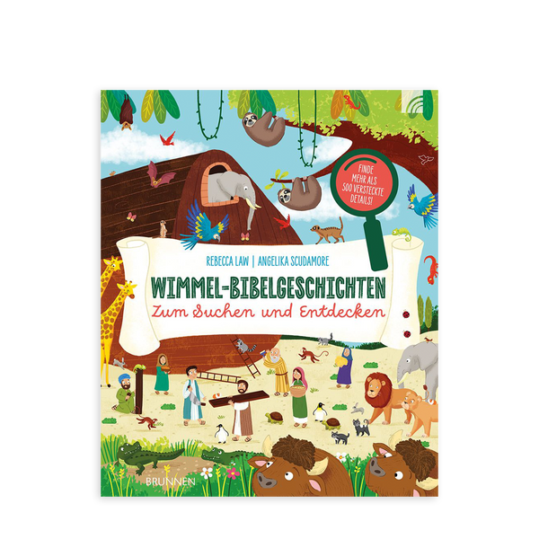 Buchcover von "Wimmel-Bibelgeschichten" zum Suchen und Entdecken mit Illustrationen der Arche Noah und vielen Tieren