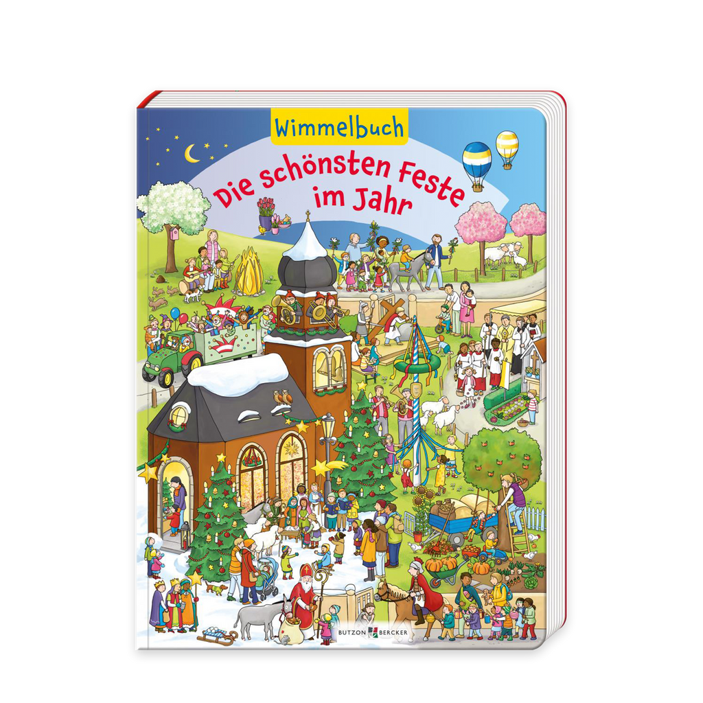 Cover des Kinder-Wimmelbuchs Die schönsten Feste im Jahr mit farbenfrohen Szenen verschiedener Fest