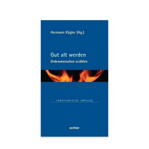 Buchcover „Gut alt werden“ von Hermann Kügler mit blauem Hintergrund und Flammenmotiv