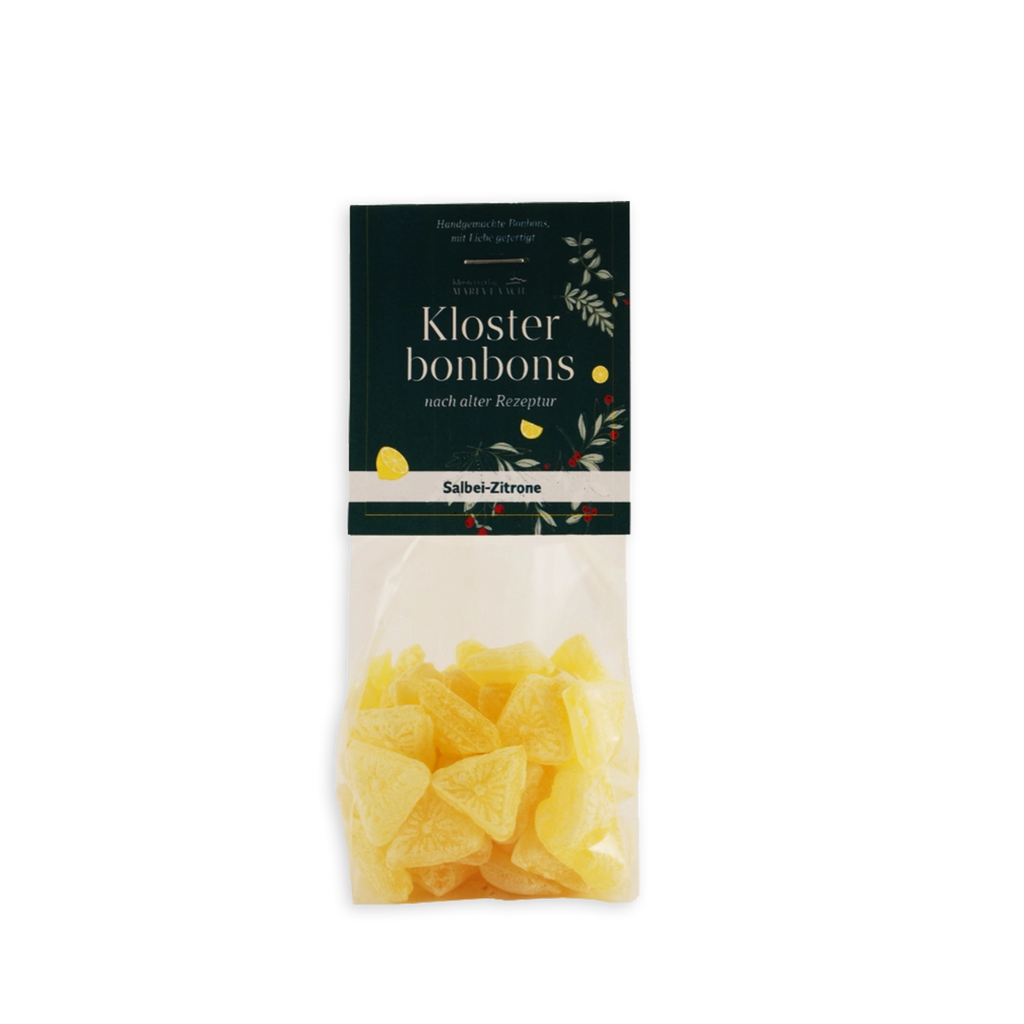 Gelbe Klosterbonbons „Salbei-Zitrone“ nach alter Rezeptur in transparenter Verpackung