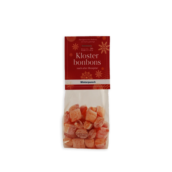 Orange-rote Klosterbonbons „Winterpunsch“ nach alter Rezeptur in transparenter Verpackung