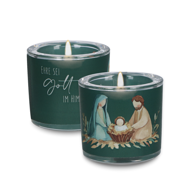 Glaswindlicht mit Krippenszene zu Weihnachten – Maria, Josef und das Jesuskind als stimmungsvolle Weihnachtsdekoration