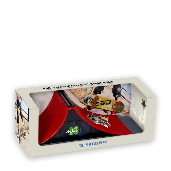 Mini-Skateboard-Set mit Spin-Ramp von Die Spiegelburg – Fingerboard-Spielset mit Skateboard, Rampe und Zubehör in Geschenkbox.