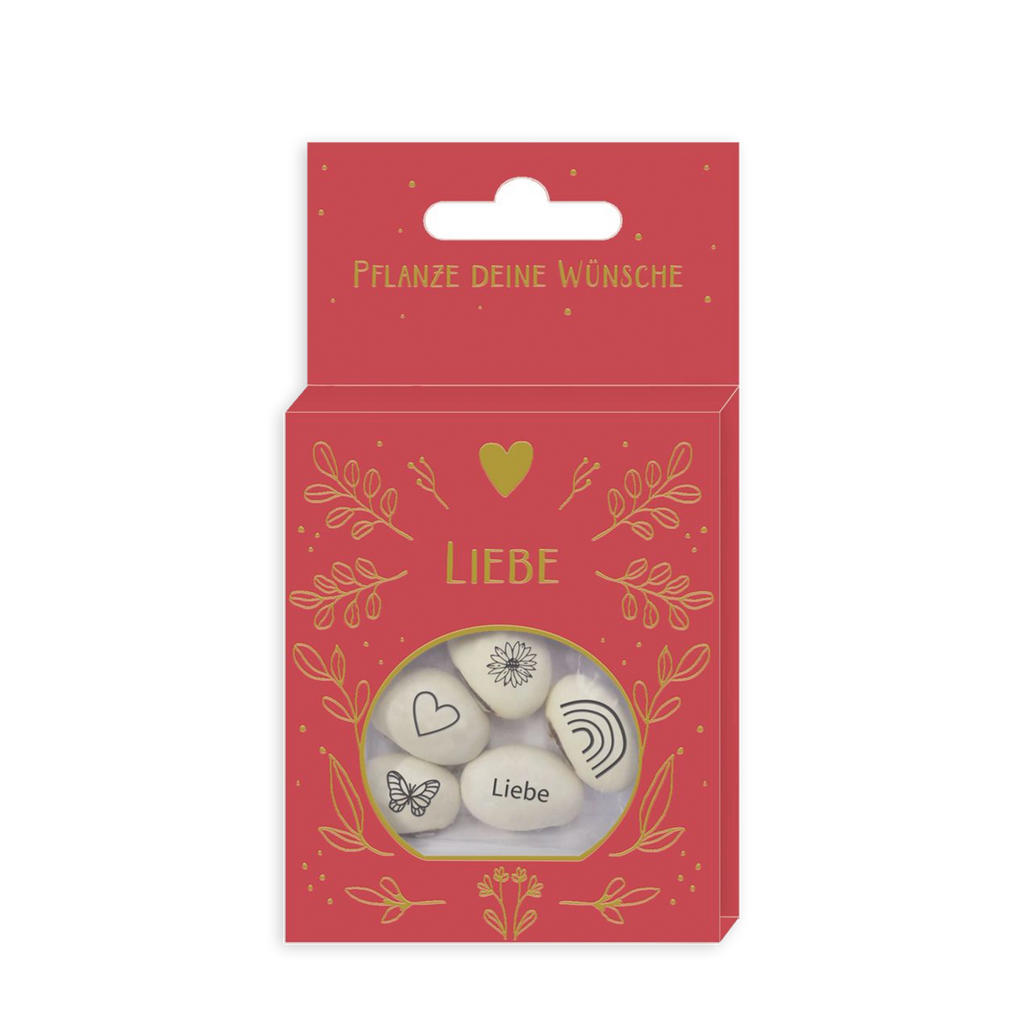 Geschenkbox „Liebe“ in Rot mit goldenen Verzierungen, Herzsymbol und Steinen mit verschiedenen Liebesmotiven