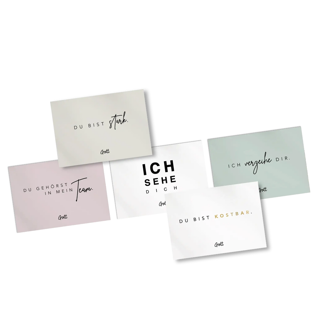 5 Postkarten, mit Sprüchen, "Du bist stark", "Du gehörst in mein Team", "Ich sehe dich", "Ich verzeihe dir", "Du bist kostbar", alle unterschrieben mit Gott, pastelltöne