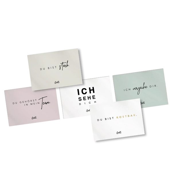 5 Postkarten, mit Sprüchen, "Du bist stark", "Du gehörst in mein Team", "Ich sehe dich", "Ich verzeihe dir", "Du bist kostbar", alle unterschrieben mit Gott, pastelltöne