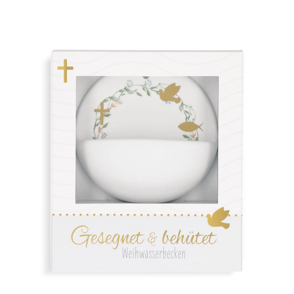 Weihwasserbecken weiß, aus Porzellan, mit Kreuz, Taube, Fisch in Gold, Blumenranke