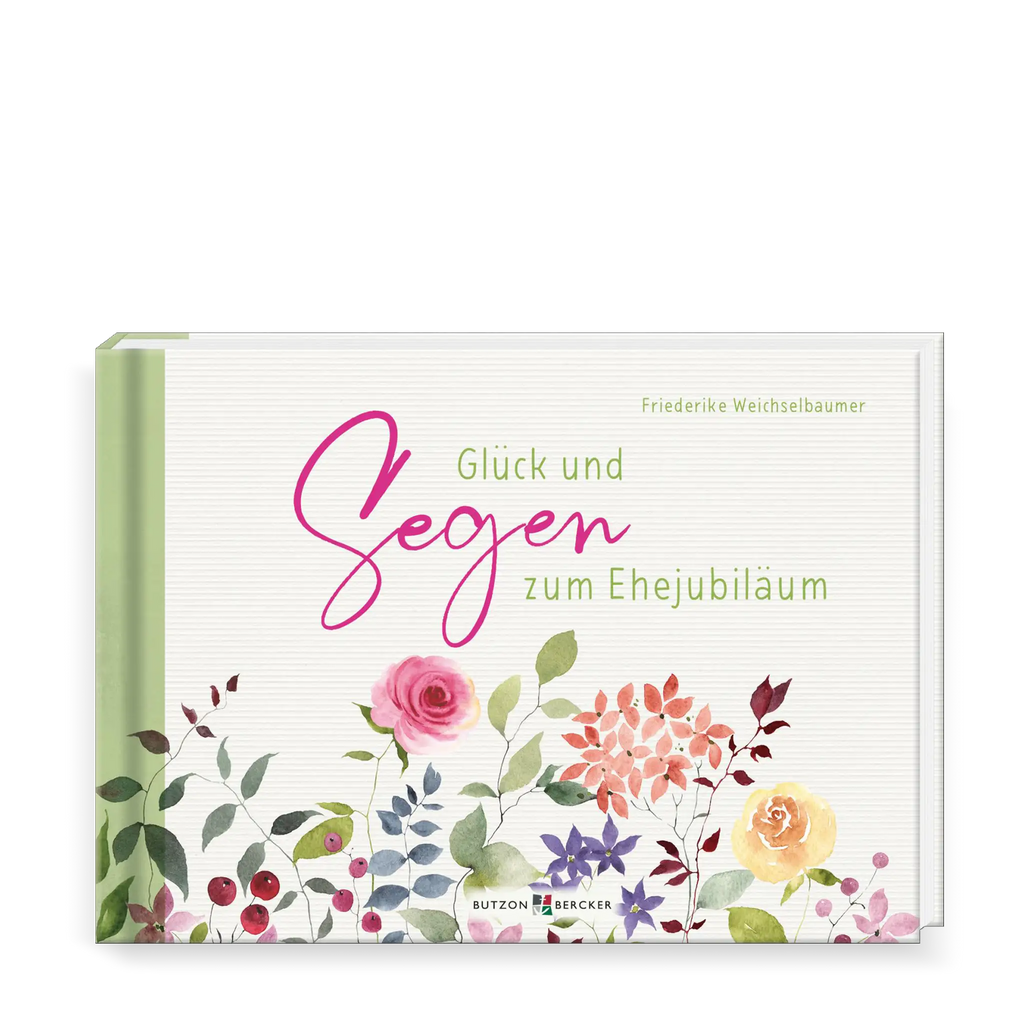 Buchcover mit Blumenwiese, Rosen, Beeren, rankende Blätter, Hintergrund weiß, grau und pastellgrün