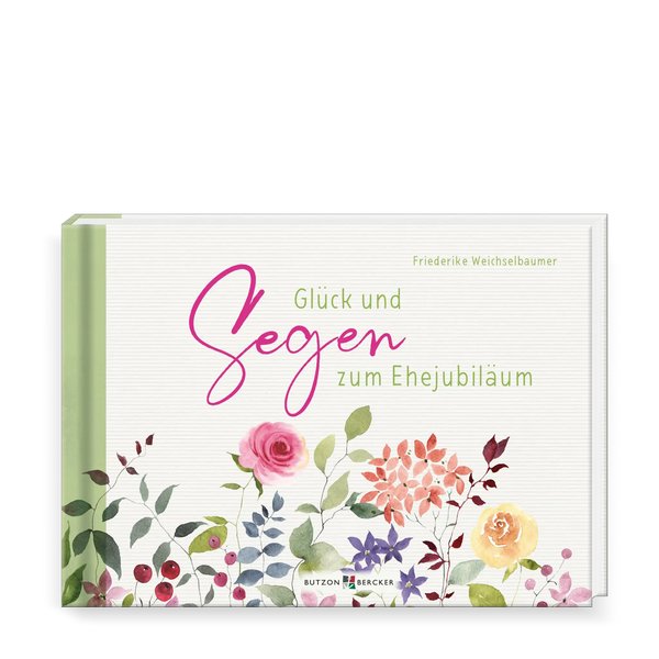 Buchcover mit Blumenwiese, Rosen, Beeren, rankende Blätter, Hintergrund weiß, grau und pastellgrün