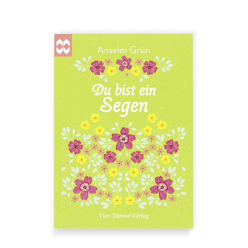 Titel von kleinem Geschenkheft, grüner Hintergrund, Blumen in gelb, magenta, rosa