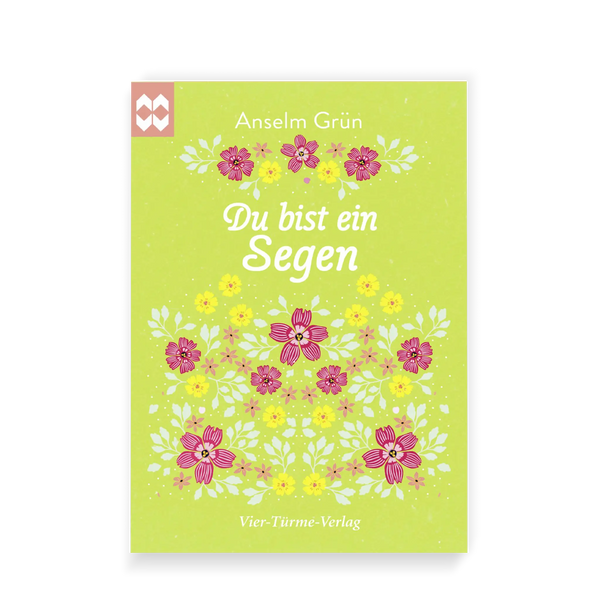 Titel von kleinem Geschenkheft, grüner Hintergrund, Blumen in gelb, magenta, rosa