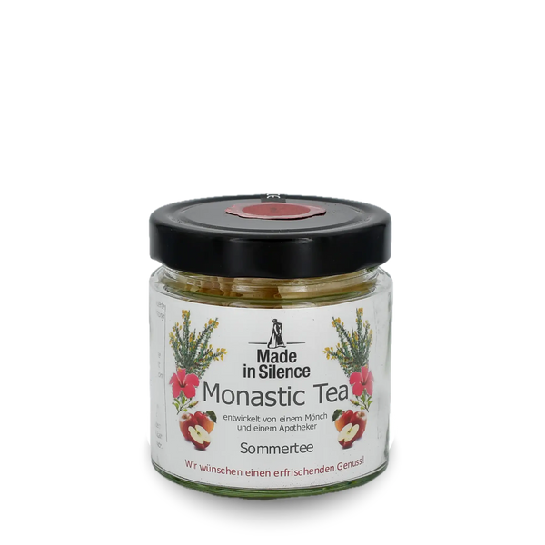 Glas mit Teebeuteln, Banderole mit Bild von Äpfeln, Blumen, Blüten, Hibiskus