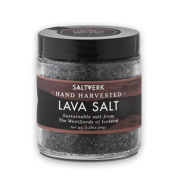 Glas mit Banderole in schwarz braun, schwarzes Lava Salz im Glas