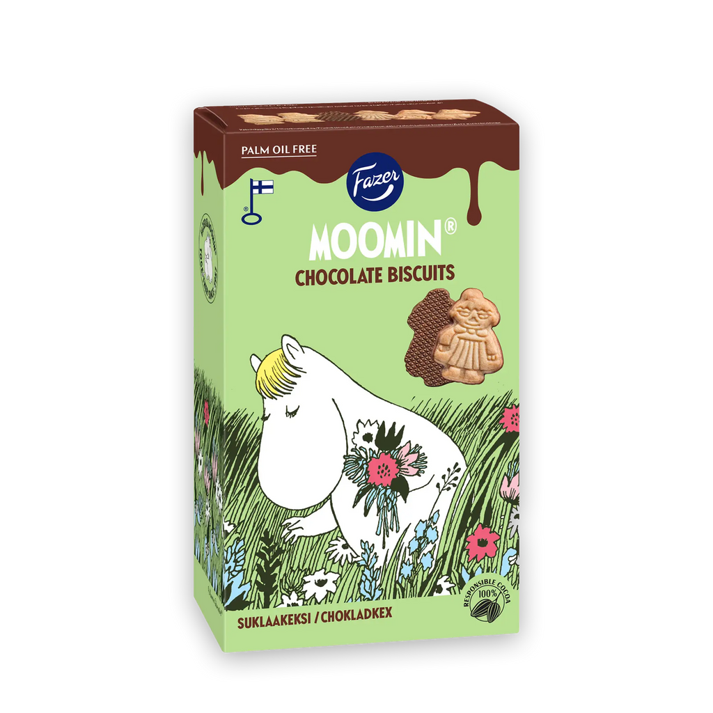 grün, braune Verpackung, Kekse von vorne und hinten abgebildet, Moomin mit Blumenstrauß in der Hand, auf Blumenwiese
