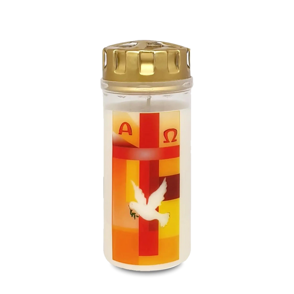 Weißes Grablicht mit Motiv, orange-rotes Kreuz und Friedenstaube, Grakerze mit Windschutzdeckel