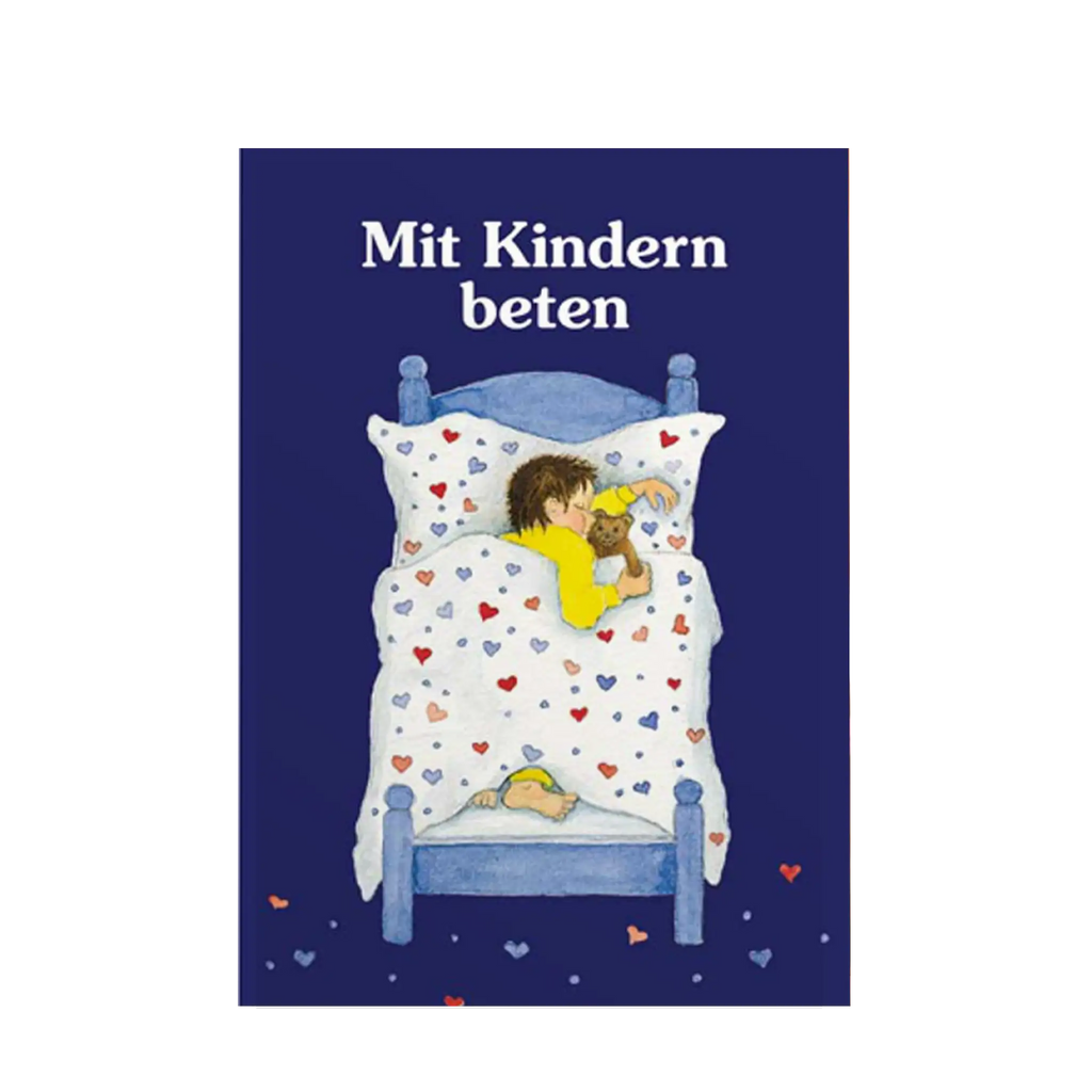 Buchcover mit blauem Hintergrund und Herzen, Kind schläft im Bett, mit Kuscheltier Teddy im Arm Bettwäsche mit vielen bunten Herzen