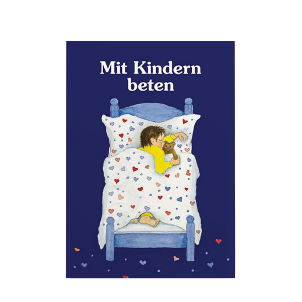 Buchcover mit blauem Hintergrund und Herzen, Kind schläft im Bett, mit Kuscheltier Teddy im Arm Bettwäsche mit vielen bunten Herzen