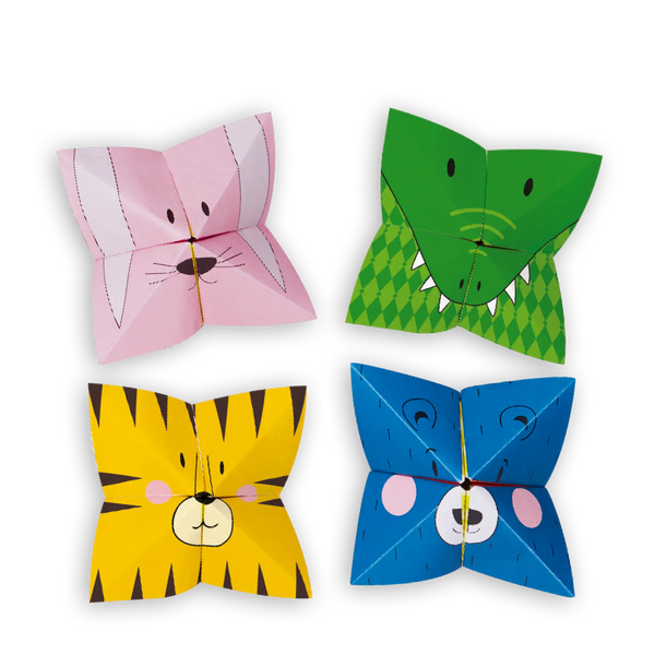 gefaltete Tiere aus Faltblättern, Tiger, Krokodil, Bär, Hase, mit Stickern verziert