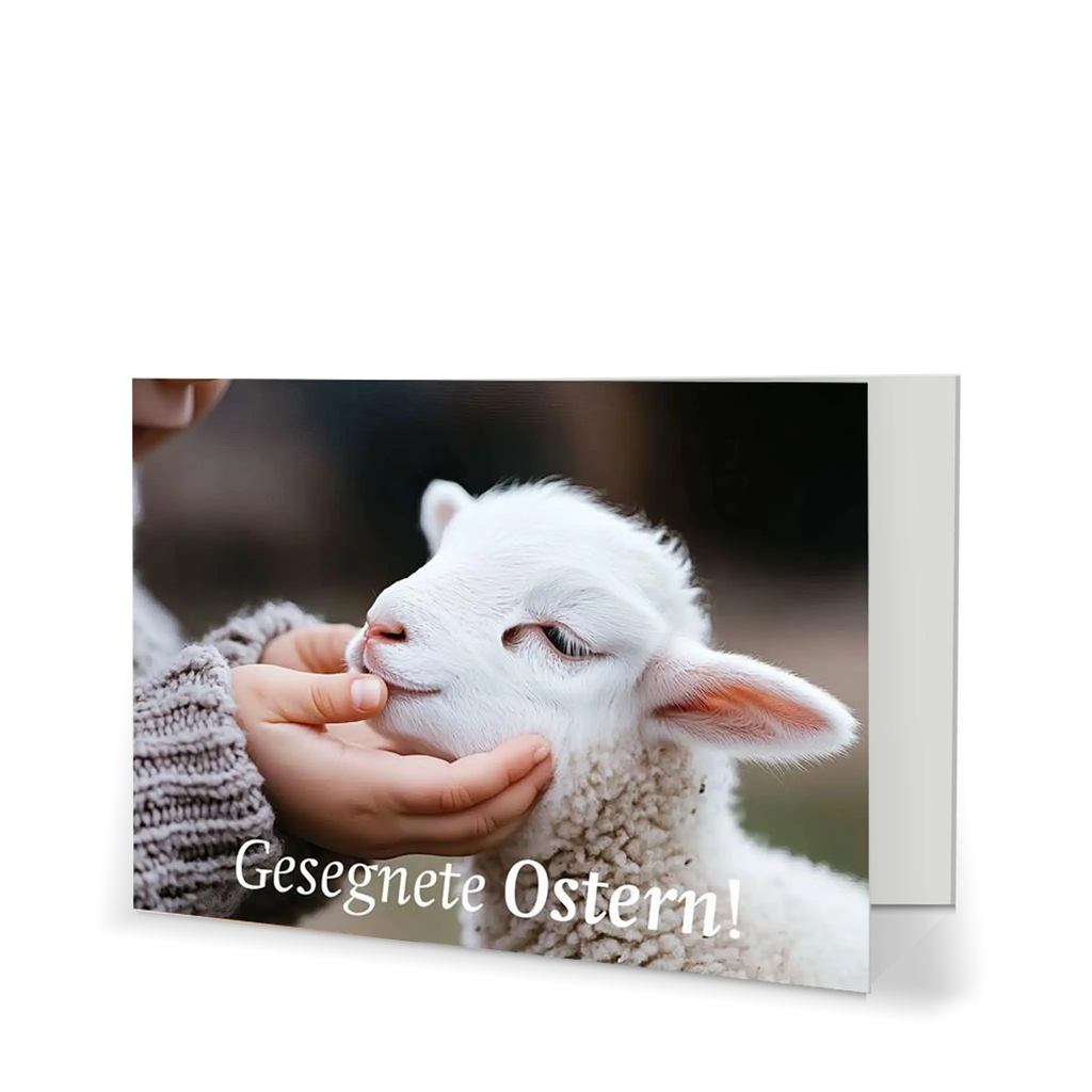 Osterkarte mit Osterlamm und Gruß „Gesegnete Ostern!“ – christliche Grußkarte zur Osterzeit.
