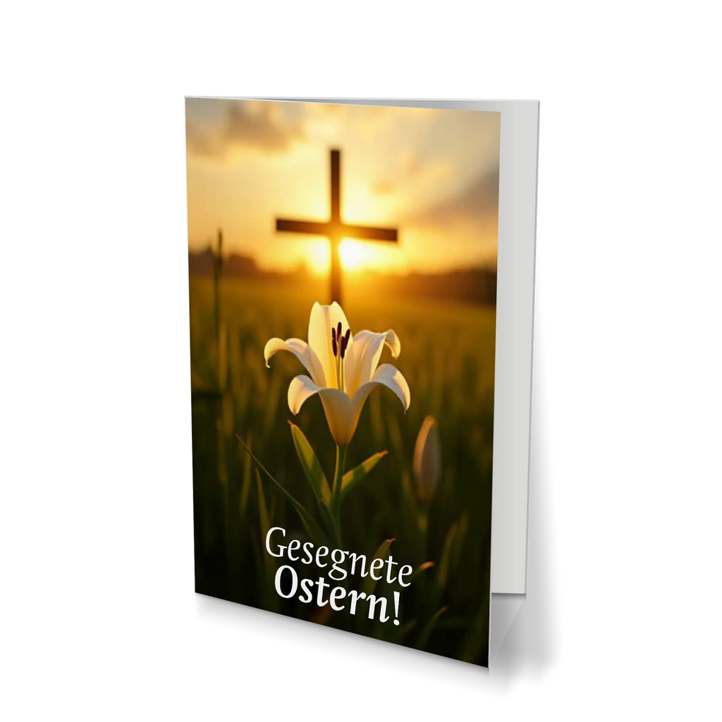 Osterkarte mit weißer Lilie und Kreuz im Sonnenlicht – christliche Grußkarte zur Osterzeit.
