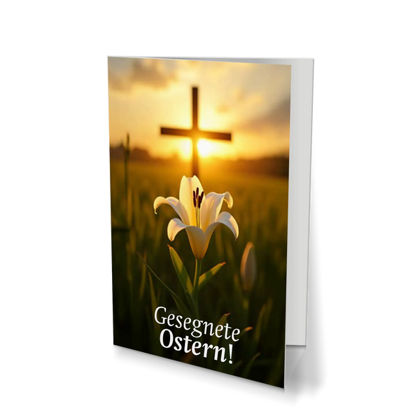 Osterkarte mit weißer Lilie und Kreuz im Sonnenlicht – christliche Grußkarte zur Osterzeit.