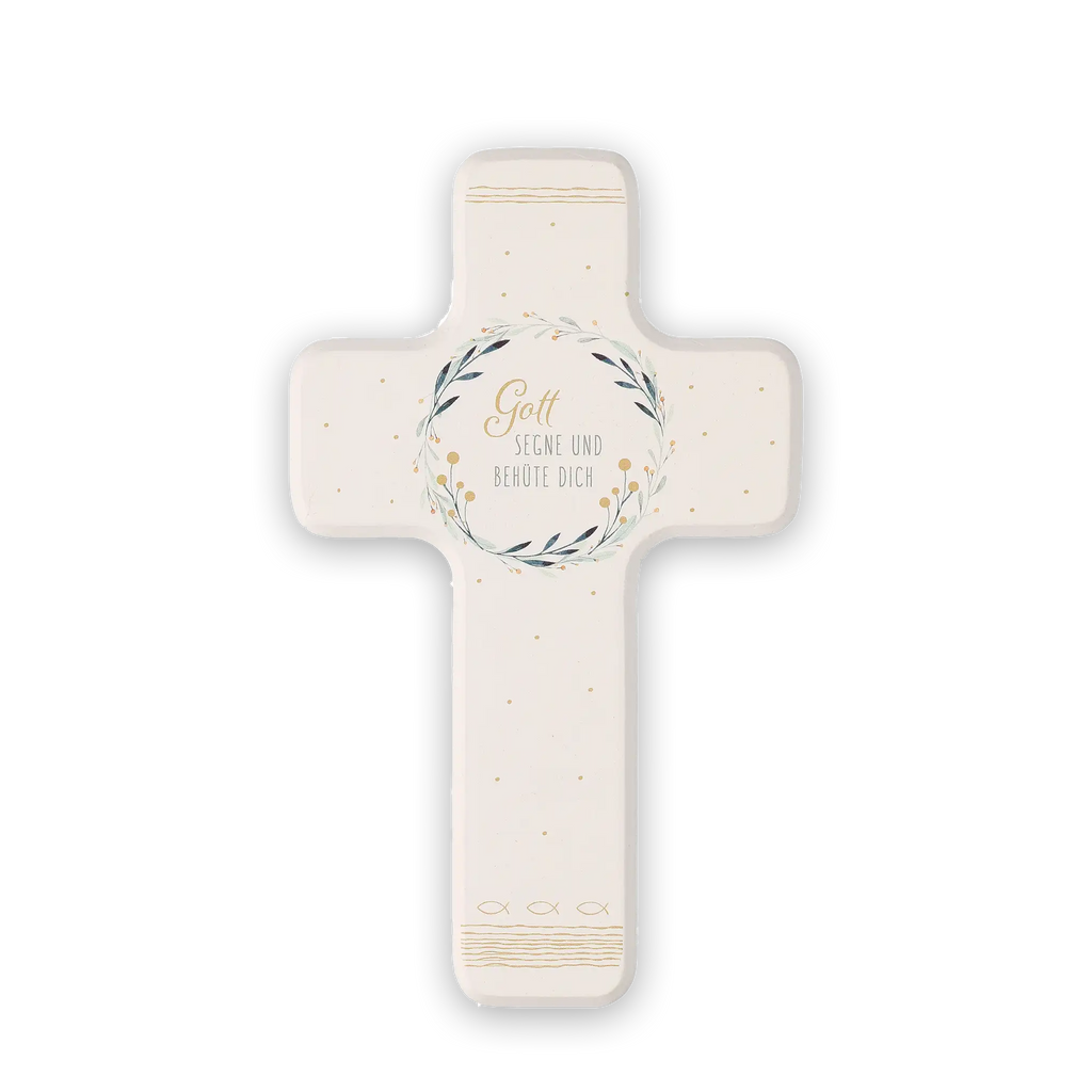 Kreuz, weiß, Blumen- und Blätterkranz, Fische, goldene Fische, Punkte und Linien