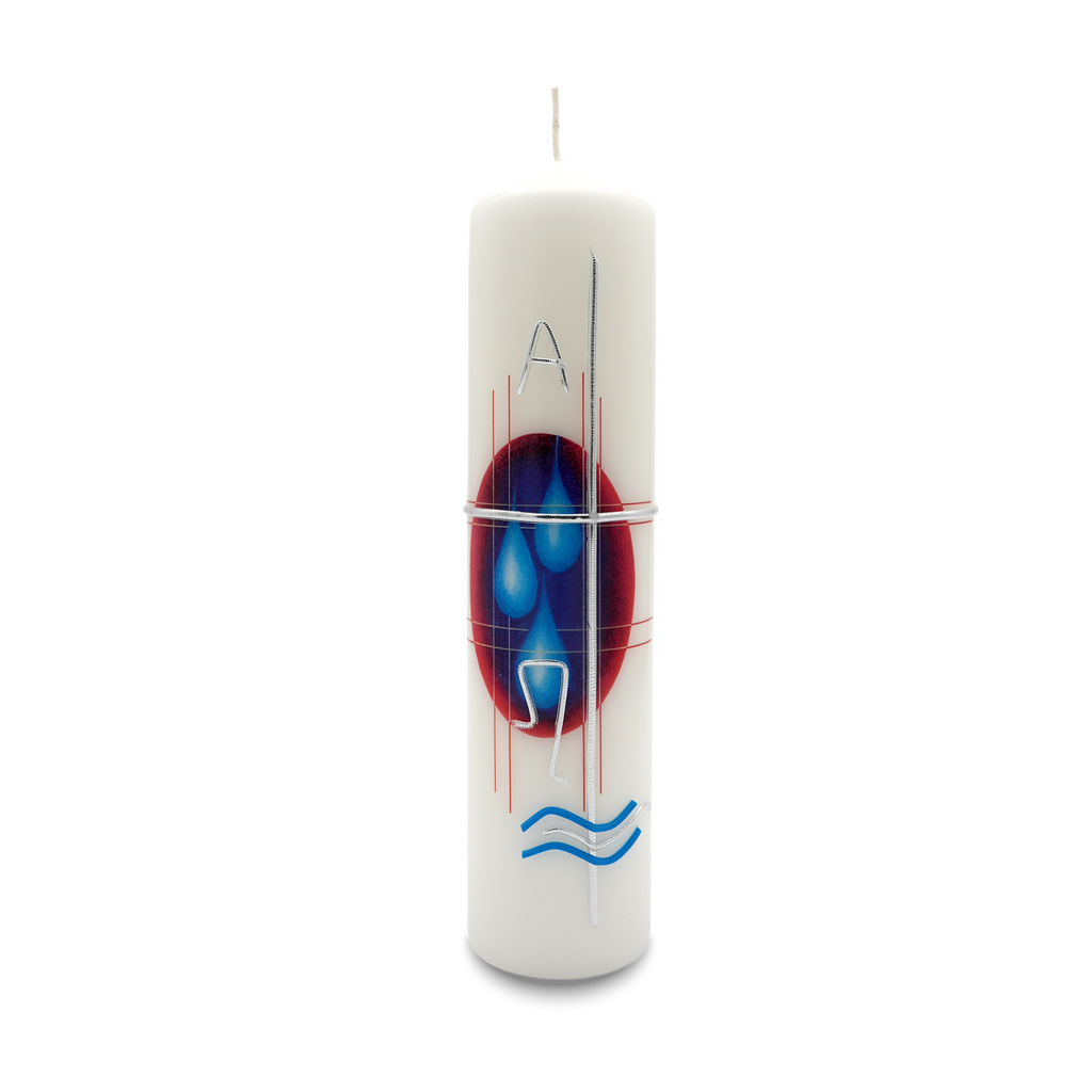 Weiße Erwachsenen-Taufkerze mit blau-rotem Kreuzmotiv und silbernen Akzenten