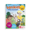 Das Titelblatt der bonikids-Kinderzeitschrift Sommerausgabe 2026 zeigt Gottes Geschöpfe Tiere Papageientaucher, Hund, Vögel, Schmetterlinge, Bienen und einen Jungen und ein Mädchen auf einer Sommerwiese, in bunten Farben.