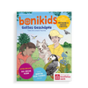 Titel der Bonikids Kinderzeitschrift zeigt Kinder mit Hund auf dem Arm und Papageientaucher auf grüner Wiese in der Natur.