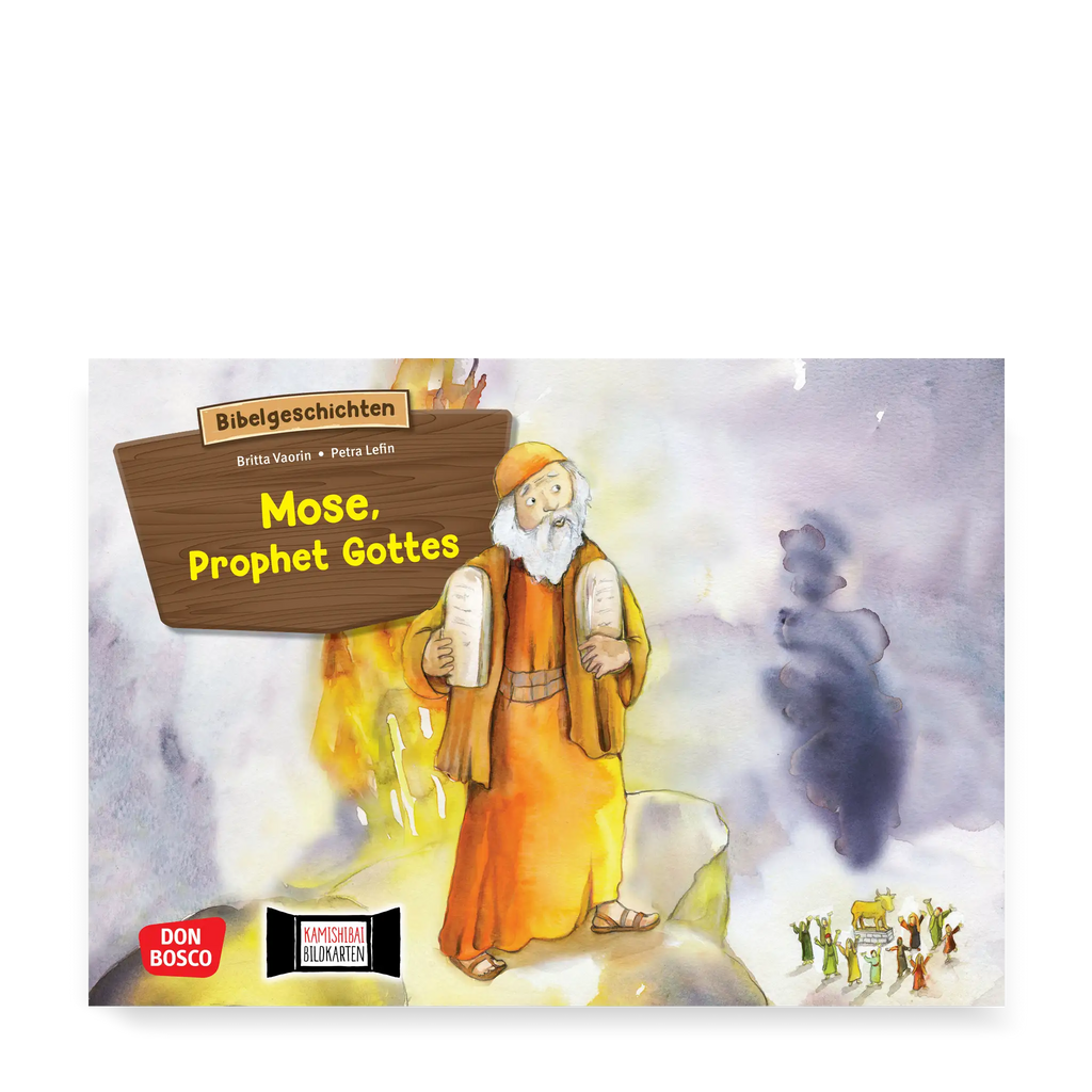 Illustration zur biblischen Geschichte „Mose, Prophet Gottes“: Mose steht mit den Gesetzestafeln vor Feuer und Rauch.