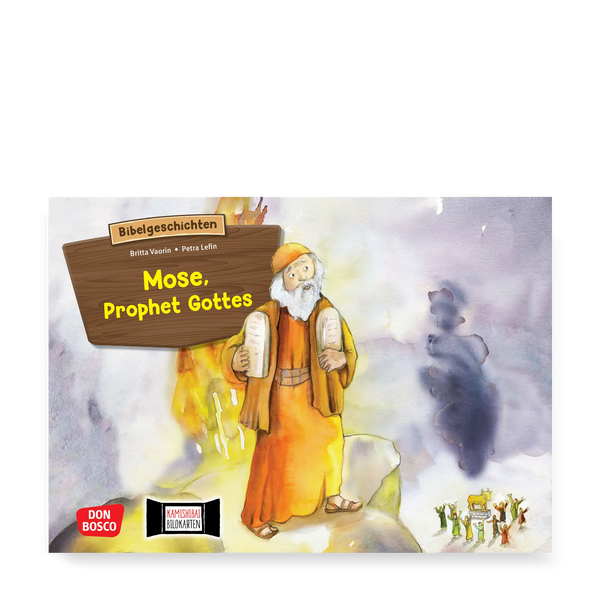 Illustration zur biblischen Geschichte „Mose, Prophet Gottes“: Mose steht mit den Gesetzestafeln vor Feuer und Rauch.