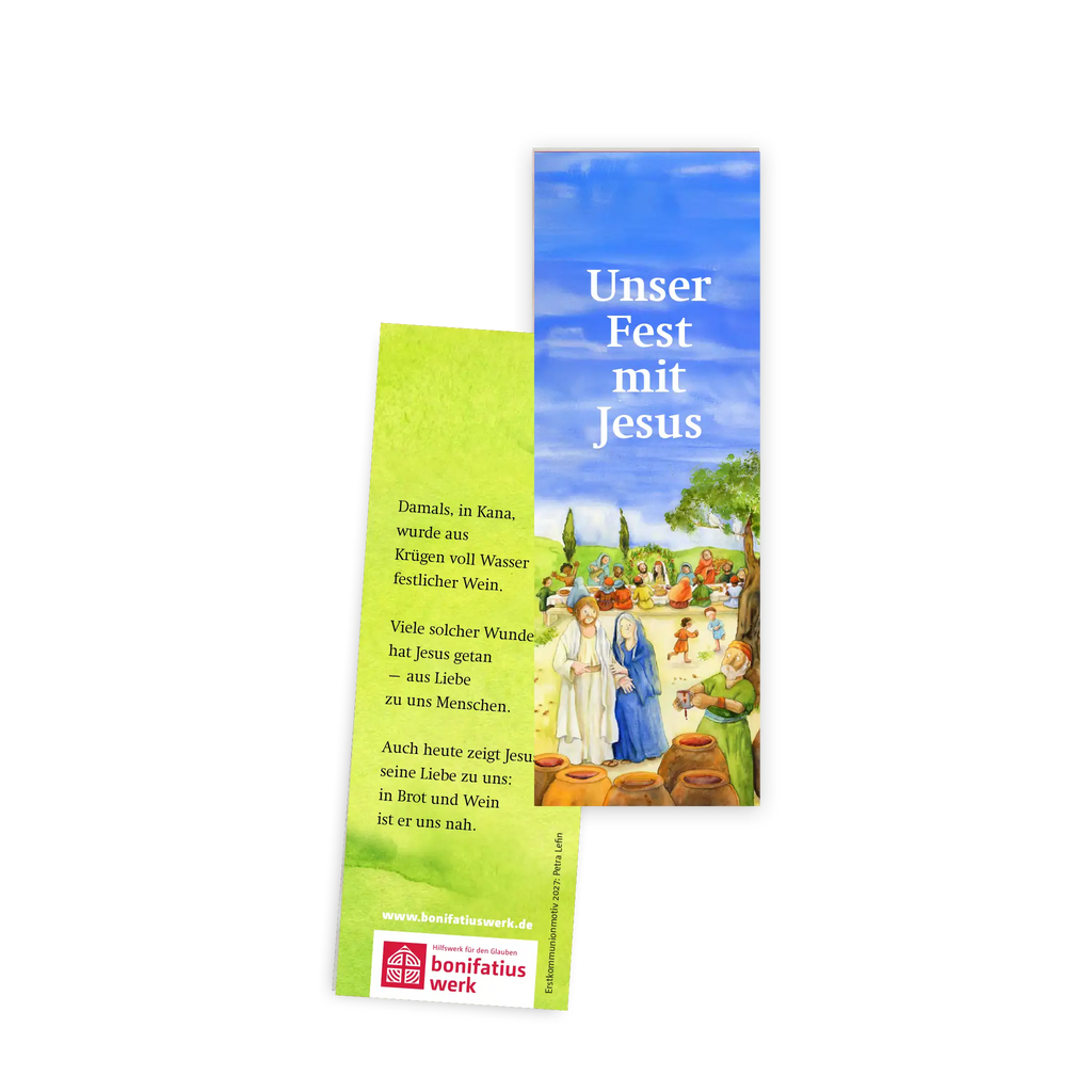 Das Lesezeichen zeigt auf der Vorderseite eine fröhliche Szene rund um Jesus und vermittelt Wärme, Gemeinschaft und Freude – passend zum großen Tag der Erstkommunion. Im Dorf Galiläa wird Hochzeit gefeiert. Kinder lachen, Erwachsene stoßen an, bis der Wein knapp wird. Maria vertraut Jesus. Das Motto "Unser Fest mit Jesus" ist abgebildet. Auf der Rückseite mit Impuls.