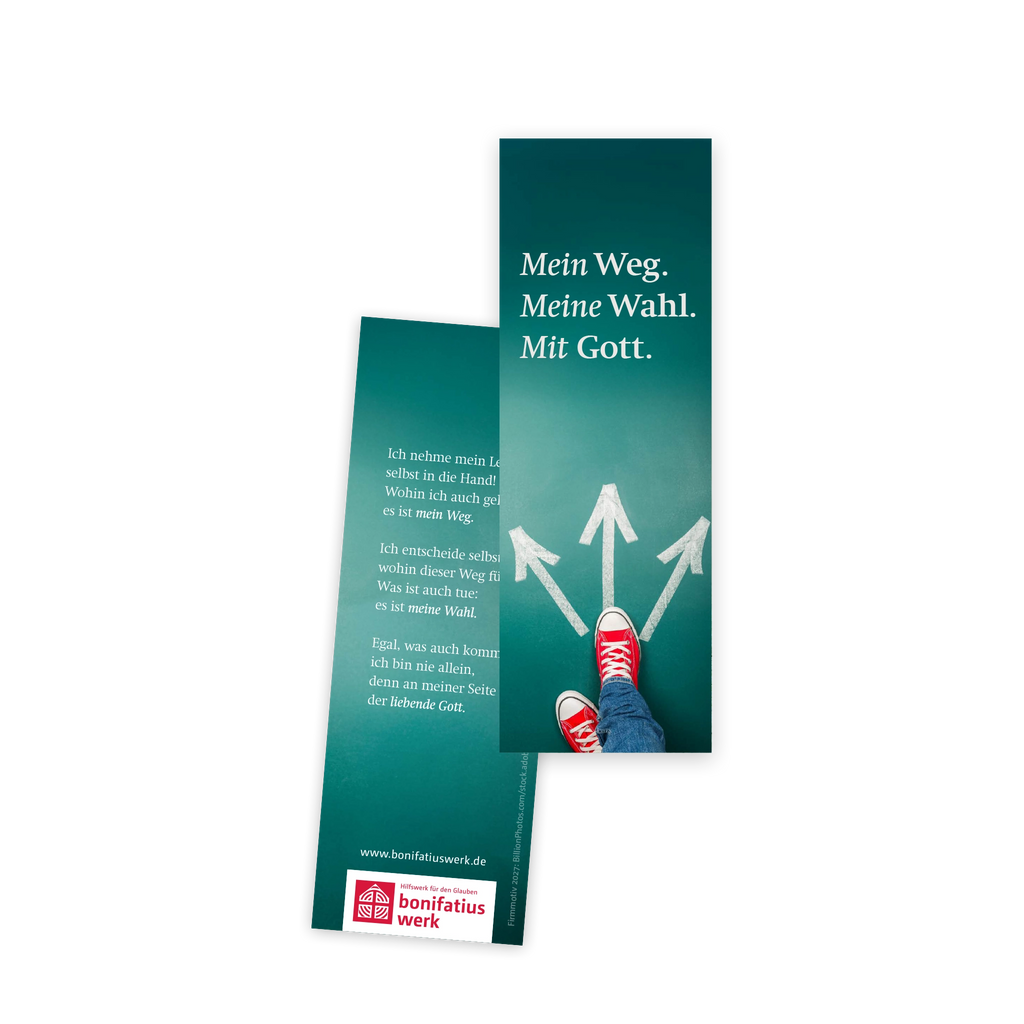 Lesezeichen zur Firmaktion 2027 mit dem Motto „Mein Weg. Meine Wahl. Mit Gott.“ – rote Sneakers stehen vor drei Wegpfeilen auf grünem Hintergrund, modernes Lesezeichen für Firmung und Gemeinde. Auf der Rückseite ein Impuls.