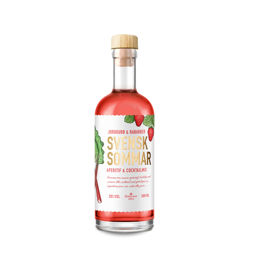 Flasche mit Holzkorken, Erdbeeren und Rhabarber Bild auf Etikett, goldene und rote Schrift