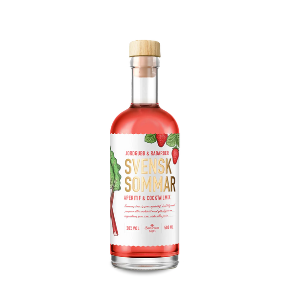 Flasche mit Holzkorken, Erdbeeren und Rhabarber Bild auf Etikett, goldene und rote Schrift